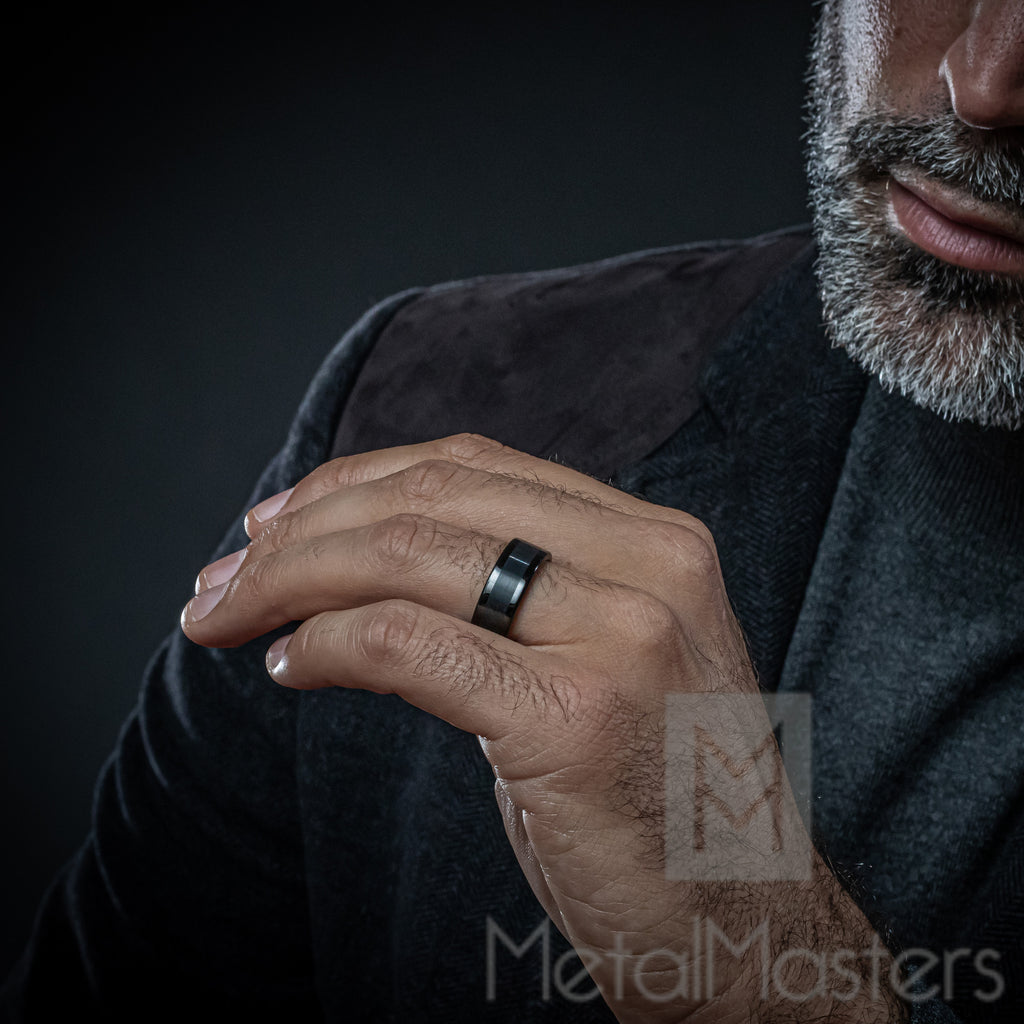 Men's Black Tungsten Ring Wedding Band Gunmetal Hammered 8MM Comfort-F –  Metal Masters Co.